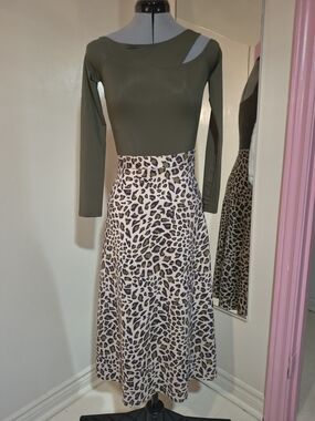 Sue Studio Olive Green Cutout Long Sleeve Top with Leopard Print Midi Skirt
